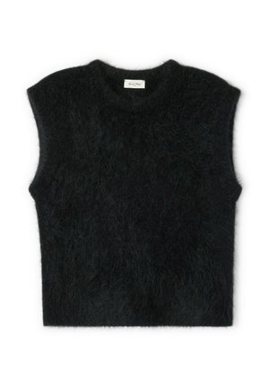 Črna brezrokavnik svedra iz puhastega materiala, z okroglim izrezom, mehko teksturo in kvadratno obliko. Enostavno zasnovan brez vzorcev.