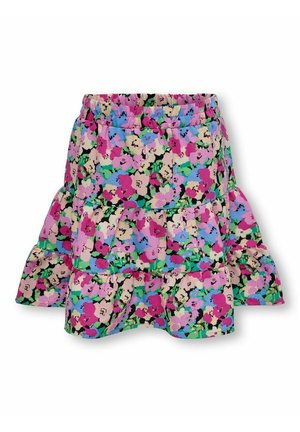 Jupe florale avec un imprimé éclatant en rose, vert et bleu. Présente un design à volants superposés et une taille élastique pour un ajustement confortable.