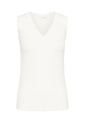 Bijeli top bez rukava s V-izrezom i čipkanim rubom u obliku valova na ramenima i izrezu.