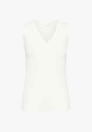 Bijeli top bez rukava s V-izrezom i čipkanim rubom u obliku valova na ramenima i izrezu.