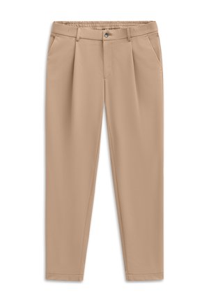 Beige Hose mit entspannter Passform, ausgestattet mit einem elastischen Bund, Falten an der Vorderseite und seitlichen Taschen. Glattes, leichtes Material.