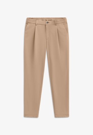 Beige Hose mit entspannter Passform, ausgestattet mit einem elastischen Bund, Falten an der Vorderseite und seitlichen Taschen. Glattes, leichtes Material.