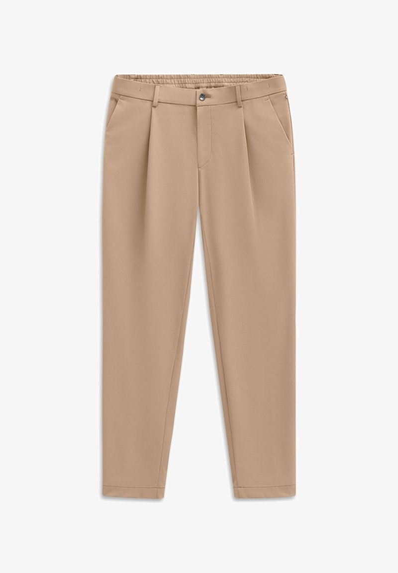 Beige Hose mit entspannter Passform, ausgestattet mit einem elastischen Bund, Falten an der Vorderseite und seitlichen Taschen. Glattes, leichtes Material.