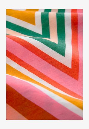 Buntes Textil mit einem Zickzackmuster in rosa, grün, orange, gelb und weißen Streifen, die eine weiche, strukturierte Oberfläche aufweisen.