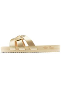 Gold metallic slide sandals with braided straps, cushioned beige footbed, and textured outsole; embossed brand name on the side.
