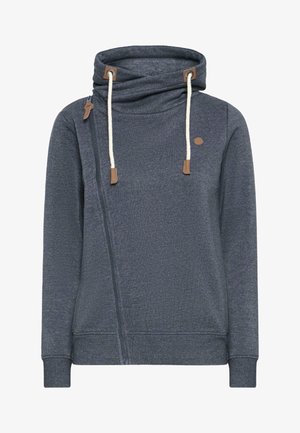 Tumehall kapuutsiga dressipluus, millel on tõmblukk eetservas ja paelad. Valmistatud pehmest kangast, dekooreeritud nahast detailidega krael ja taskutel.