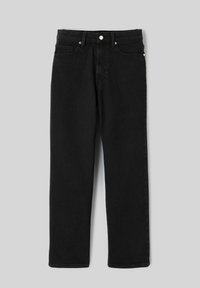 Jean en denim noir à coupe droite. Comprend des poches avant, une taille avec passants de ceinture et une fermeture à un bouton. Texture lisse.