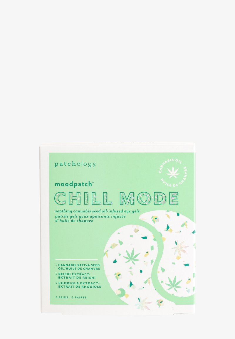 Green packaging for Patchology's "Chill Mode" eye gels features a design with cannabis leaves and text highlighting soothing ingredients.
