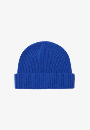 Knitted blue beanie hat with a ribbed texture, featuring a fold-over cuff and a rounded top. The material appears soft and warm.