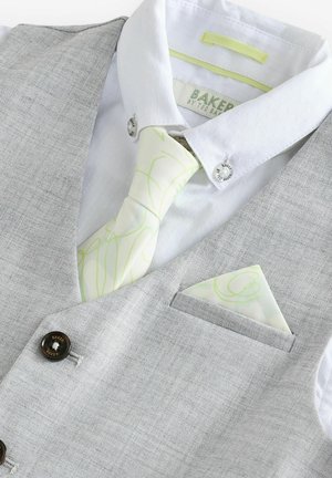 Light grey vest with textured fabric, white shirt, and a patterned light green tie. Includes a patterned pocket square and dark buttons.