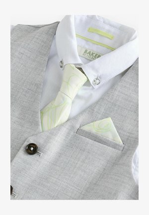 Lichtgrijze vest van textuurstof, witte shirt en een gestreepte lichtgroene das. Inclusief een gestreepte pochet en donkere knopen.