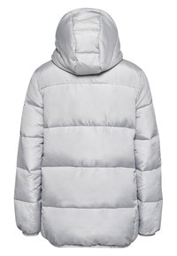 Lys grå pufferjakke med hætte, med et quiltet design, vandrette sømme og elastiske manchetter. Glat, blank stoftekstur.