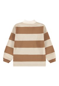 Long-sleeve shirt featuring horizontal brown and cream stripes, a collar, and ribbed cuffs. Made from soft fabric with a relaxed fit.