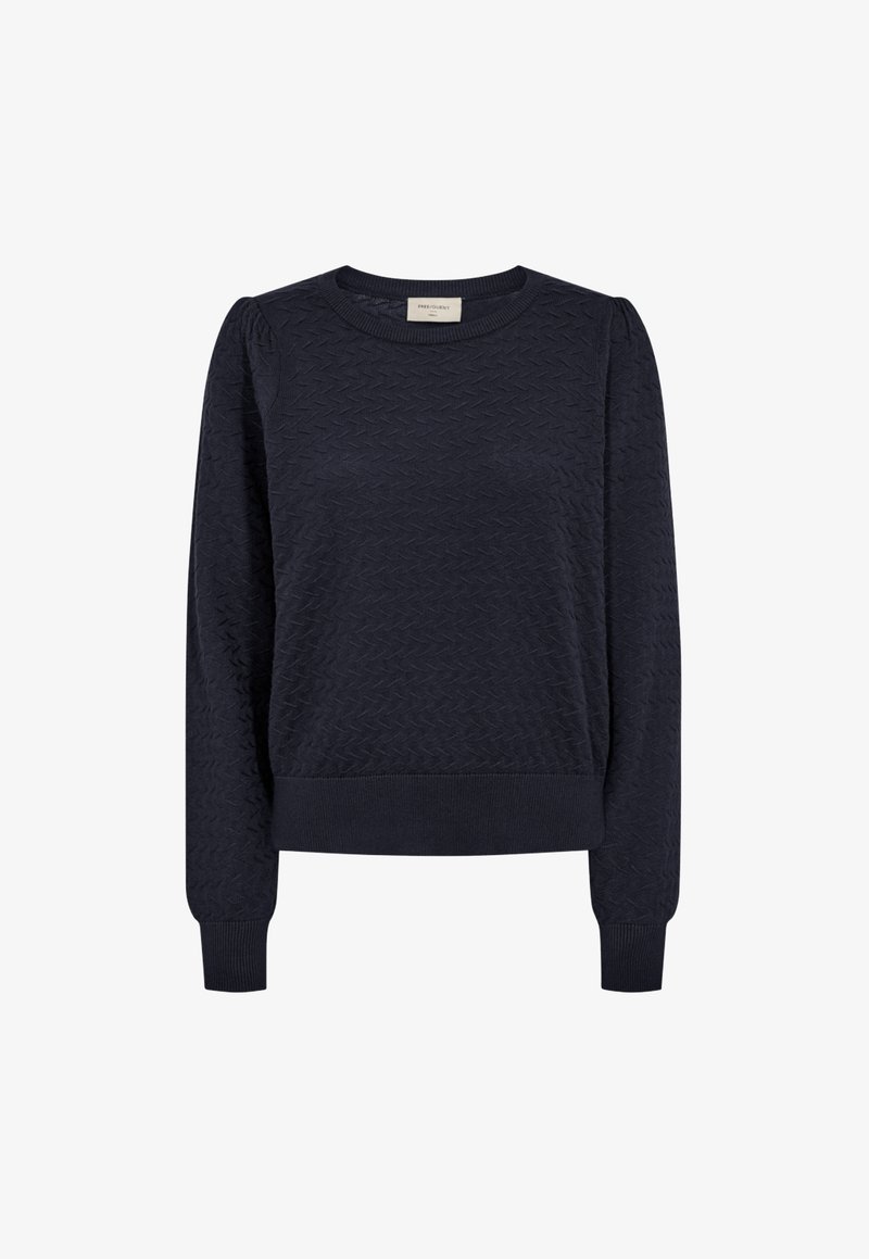 Marineblauwe gestructureerde trui met een ronde hals, lange mouwen en geribde manchetten en zoom. Het ontwerp bevat een subtiel geometrisch patroon.