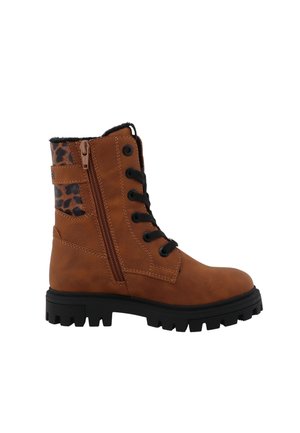 Stivaletto marrone con lacci, zip laterale, suola nera e dettaglio con stampa leopardo sul colletto imbottito.