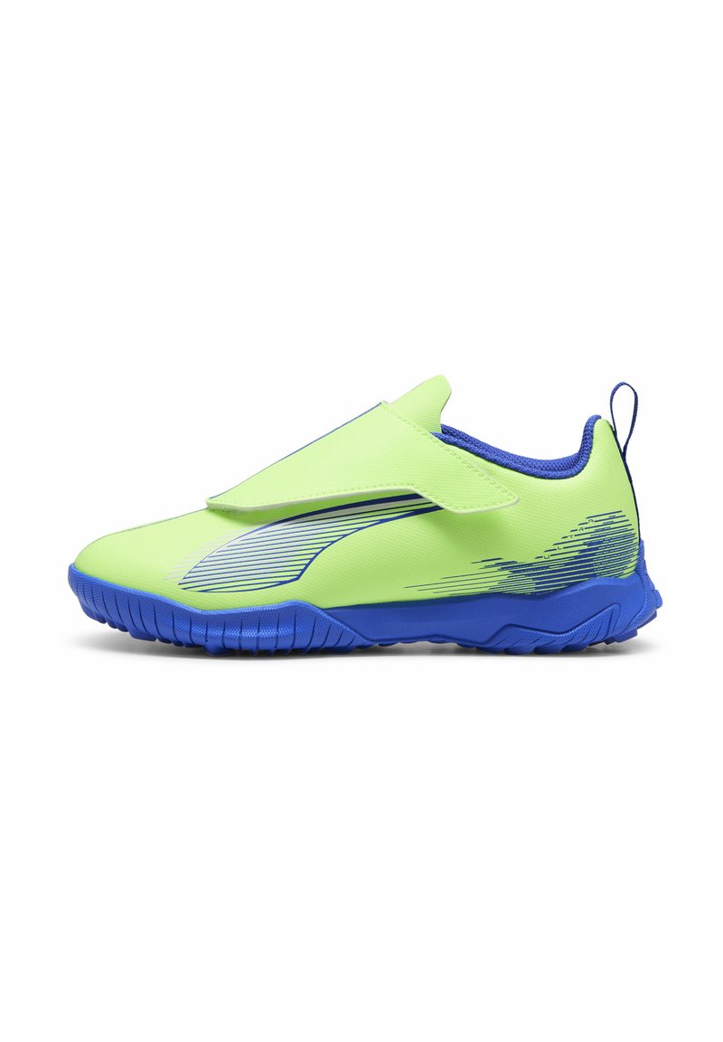 Lime green sneaker with a blue sole and accents, featuring a streamlined design, elastic strap, and textured upper for grip.