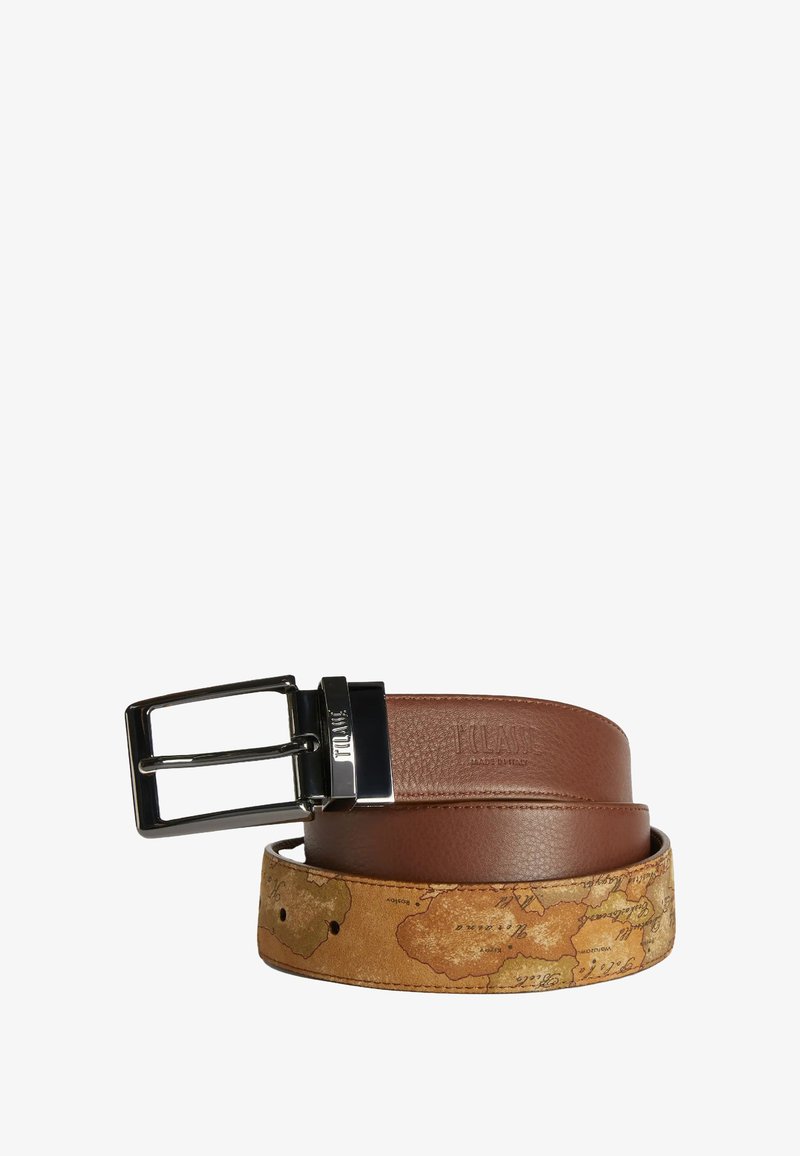 Cintura in pelle marrone con superficie texturizzata, lato inferiore beige con motivo e fibbia in metallo argento con logo inciso.