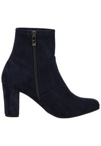 Navyblåa ankelstövlar i mocka med sidodragkedja och texturerad yta, med en halv spetsig tå och klackblock.