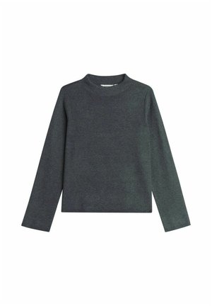 Ciemnoszara, długos glewa sweter z okrągłym dekoltem, wykonany z miękkiego materiału, charakteryzujący się bezszwowym designem i lekko skróconym dołem.