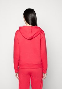 Sweat à capuche rouge avec une finition texturée, doté d'une poche kangourou et de poignets côtelés. Le modèle est vu de dos.