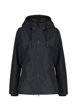 Black hooded waterproof jacket with front zipper, adjustable drawstrings, and side pockets, designed for outdoor use.