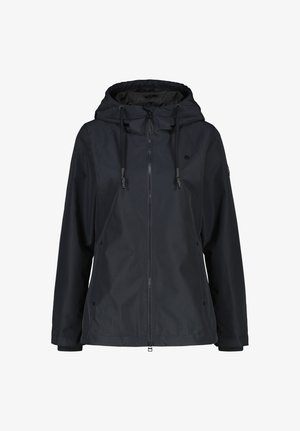 Black hooded waterproof jacket with front zipper, adjustable drawstrings, and side pockets, designed for outdoor use.