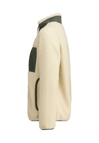 Giacca di pile crema con dettagli verdi, tasca laterale, colletto alto e tessuto testurizzato; presenta una chiusura a zip e un pannello a contrasto sul petto.