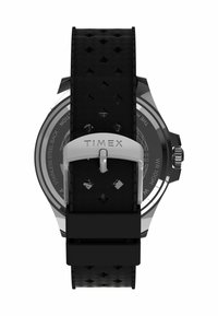 Schwarzes Gummi-Uhrenarmband mit strukturiertem Muster, Edelstahl-Schnalle und einem runden schwarzen Zifferblatt mit Angaben zur Wasserbeständigkeit.