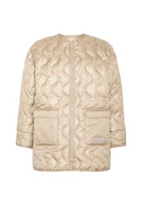 Béžová prošívaná bunda s kulatým výstřihem, předním zipem, dvěma velkými kapsami a jemným leskem. Obsahuje prošívání ve vlnkovém vzoru.