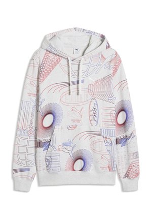 Sweat à capuche gris clair avec motifs géométriques abstraits multicolores et logo Puma, avec une poche avant et des cordons blancs sur la capuche.
