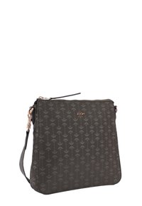 Borsa a tracolla grigio scuro realizzata in materiale testurizzato, con motivo floreale, logo dorato e lunga tracolla regolabile. Chiusura con zip nella parte superiore.