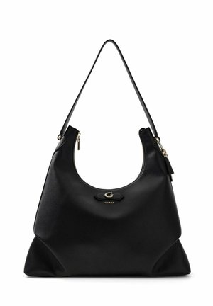 Sac d'épaule en cuir noir avec fermeture éclair dorée, sangle unique et logo Guess doré à l'avant.