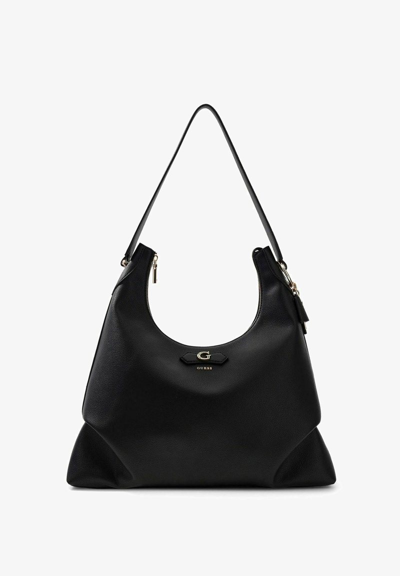 Sac d'épaule en cuir noir avec fermeture éclair dorée, sangle unique et logo Guess doré à l'avant.