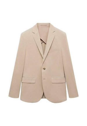 Beiger Blazer mit geschlitzten Revers, einfacher Knopfverschluss, zwei vorderen Taschen und einem eleganten, strukturierten Stoff. Leicht und maßgeschneidert.