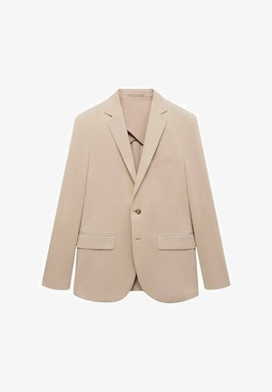 Blazer beige con rever a uncino, chiusura con un unico bottone, due tasche frontali e un tessuto liscio e strutturato. Design leggero e sartoriale.