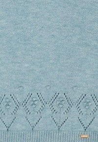 Pull en tricot bleu clair avec une bordure texturée ornée de motifs en diamant et de détails floraux. Inclut une petite étiquette en métal.