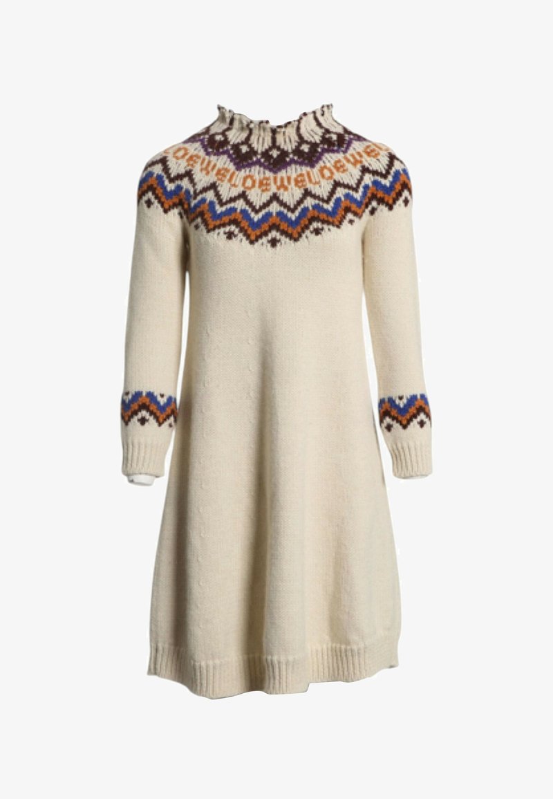 Longue robe en maille crème à manches longues avec un motif géométrique multicolore en marron, bleu, violet et orange sur l'empiècement et les poignets.