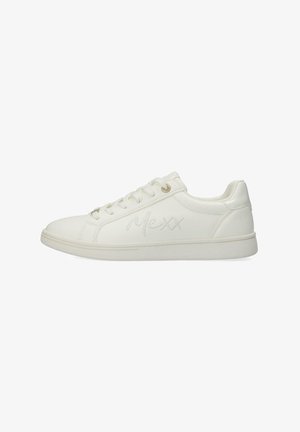 White leather sneaker featuring tonal stitching, embossed logo on the side, and a textured rubber sole. Laces with metal eyelets.