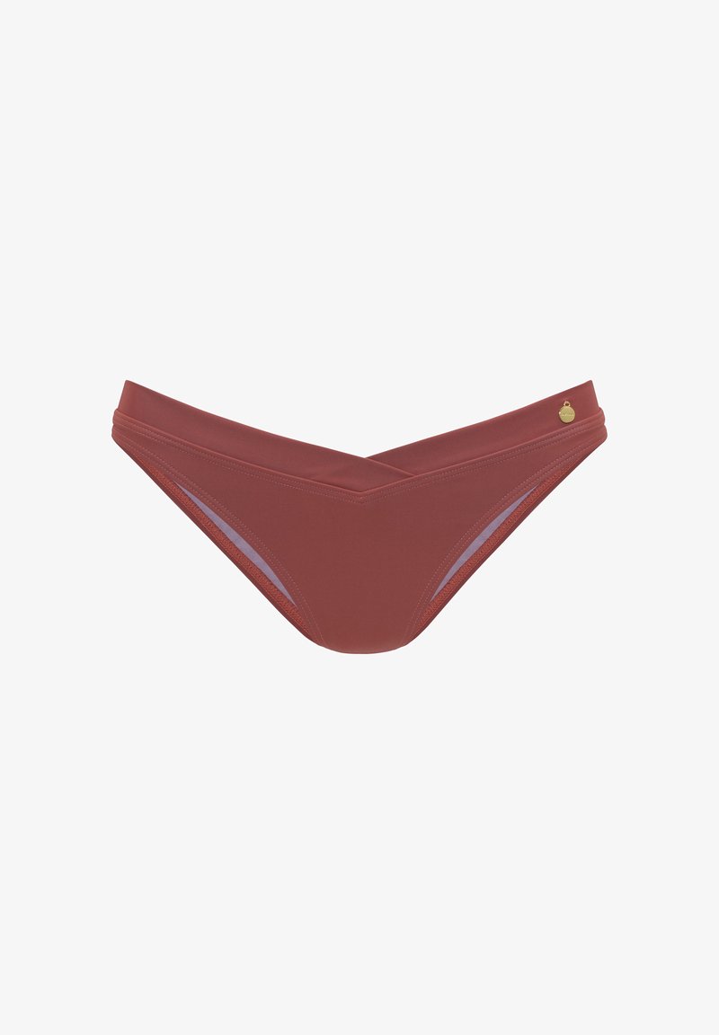 Bikini-Höschen in terrakottafarbener Nuance, mit V-förmigem Design, nahtlosen Kanten und minimal sichtbaren Nähten; einschließlich eines goldenen Logo-Accents.