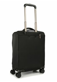 Schwarzer Trolley mit Rollen und ausziehbarem Griff, gefertigt aus strapazierfähigem Stoff, mit leicht laufenden Rollen und einem Reißverschlussfach oben.