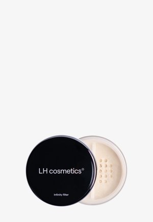 Contenant de poudre libre translucide avec couvercle noir étiqueté "LH cosmetics Infinity filter", montré partiellement ouvert avec la poudre visible à l'intérieur.