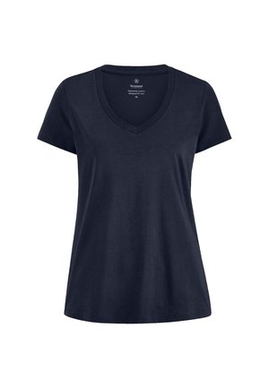 Navyblauw T-shirt met V-hals en korte mouwen, met een losse pasvorm, eenvoudig ontwerp en een klein bedrukt label aan de binnenkant van de kraag.