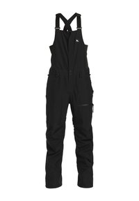 Black waterproof bib overalls with adjustable straps, zippered pocket, and elastic cuffs. Features a sleek, smooth texture and minimalistic design.