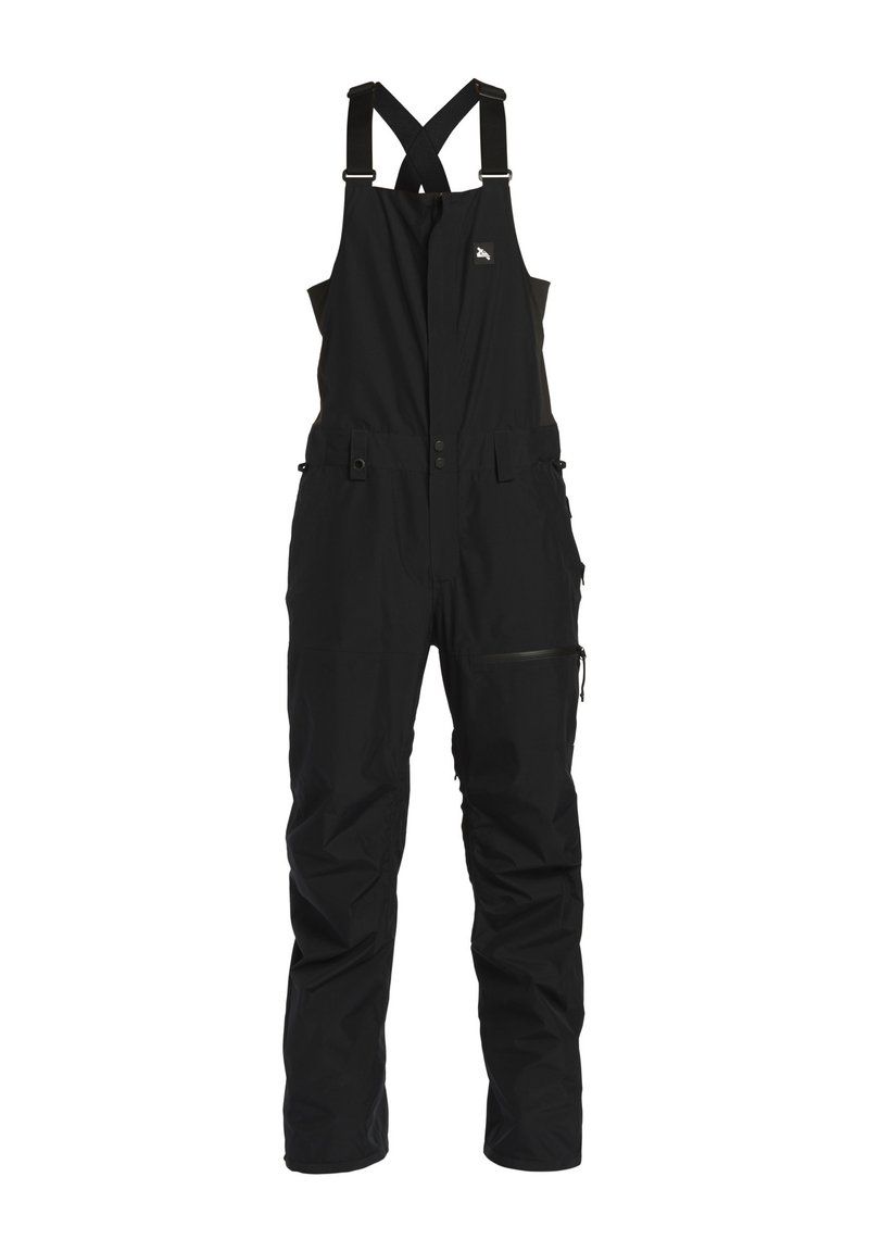 Black waterproof bib overalls with adjustable straps, zippered pocket, and elastic cuffs. Features a sleek, smooth texture and minimalistic design.