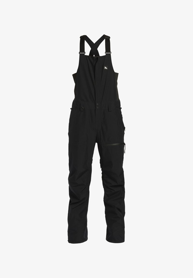 Black waterproof bib overalls with adjustable straps, zippered pocket, and elastic cuffs. Features a sleek, smooth texture and minimalistic design.