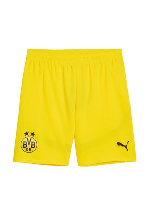 Shorts de sport jaunes avec taille élastique, arborant le logo noir de BVB 09 et le logo Puma. Texture lisse, sans poches visibles.