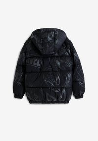 Black padded jacket with a hood, featuring a glossy Marvel-themed print, elasticized cuffs and hem, and a quilted design.
