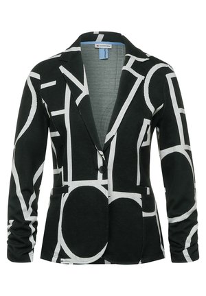 Schwarzer Blazer mit einem Knopf, großen weißen abstrakten geometrischen Mustern und gekerbtem Revers.