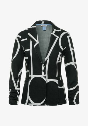 Blazer noir avec un seul bouton, avec de grands motifs géométriques abstraits blancs et des revers à crans.