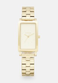 Orologio rettangolare color oro con lunetta liscia, quadrante crema, lancette sottili e bracciale metallico a maglie. Design minimalista con indicatori numerici.